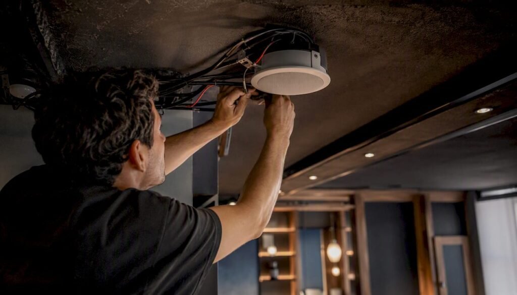 Restaurant Background Music: A Compliance Guide for Owners Technician installing restaurant audio speakers