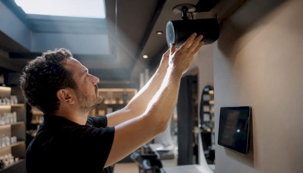 Retail Background Music: A Sales-First Guide for Store Owners Technician adjusting ceiling speaker in retail store